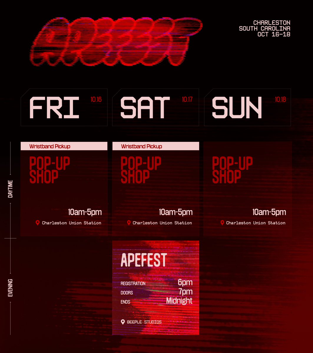 BoredApeYC's tweet photo. Here's ApeFest weekend at a glance.

See you October 16 - 18.
Ticketing coming soon. https://t.co/BdAqrmKeNS