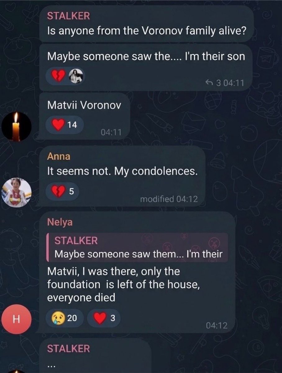saintjavelin's tweet photo. This is a screenshot from the village community chat in Radushne, where an entire family was killed by a Russian missile today.

The message was written by their son.
My God… this is just unimaginably heartbreaking. https://t.co/xGVRGZwoC2