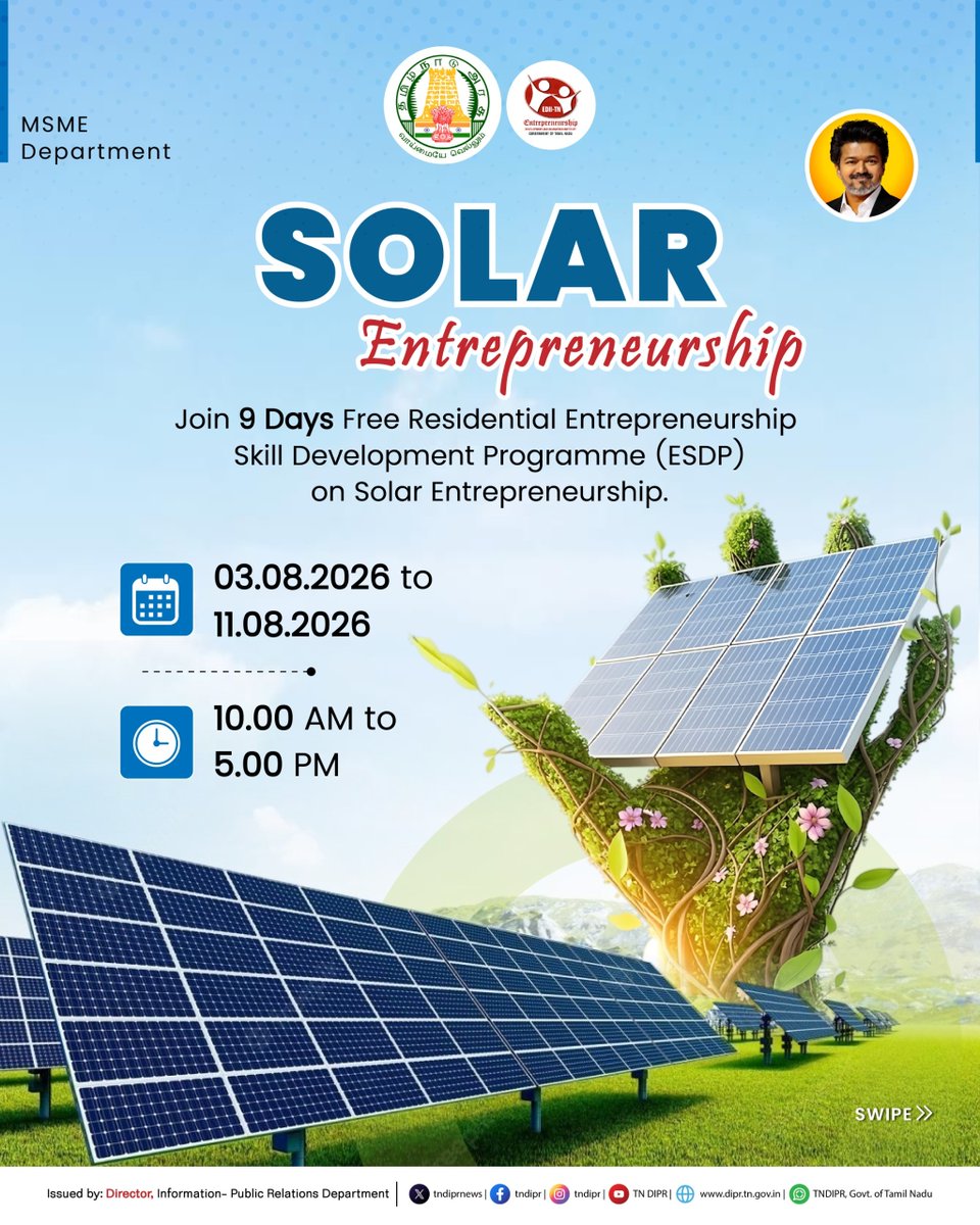 TNDIPRNEWS's tweet photo. Become a Solar Entrepreneur
Join Nine Days Free Residential ESDP – Solar Entrepreneurship conducted by EDII-TN.

@CMOTamilnadu @TVKVijayHQ @imrajmohan  

#CMJosephVijay #TNOfficialUpdates #TNDIPR #TamilNadu #TNGovt #CMForThePeople https://t.co/eYyiCoWGVP