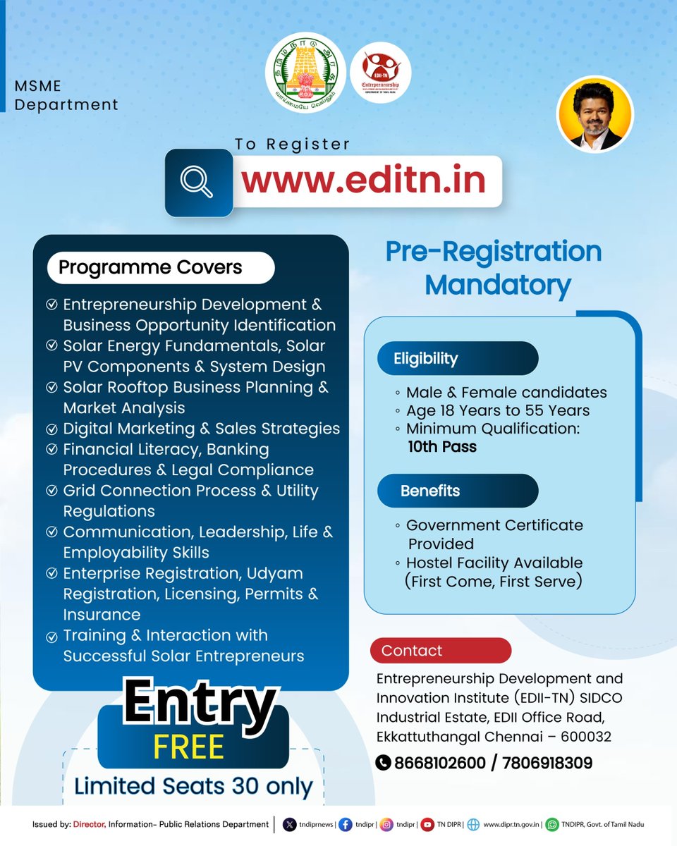 TNDIPRNEWS's tweet photo. Become a Solar Entrepreneur
Join Nine Days Free Residential ESDP – Solar Entrepreneurship conducted by EDII-TN.

@CMOTamilnadu @TVKVijayHQ @imrajmohan  

#CMJosephVijay #TNOfficialUpdates #TNDIPR #TamilNadu #TNGovt #CMForThePeople https://t.co/eYyiCoWGVP