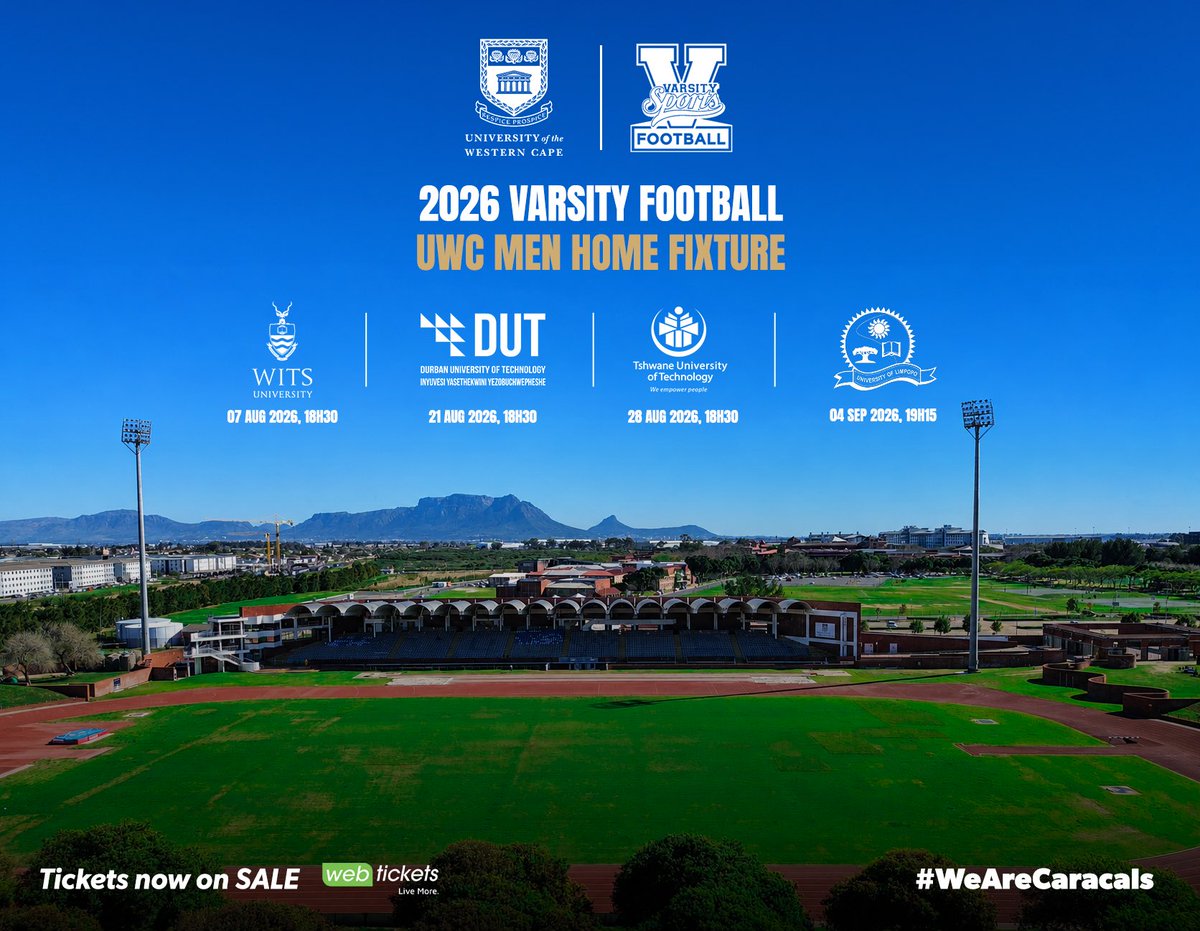 UWCSport's tweet photo. TICKETS ARE NOW LIVE! ⚽
The wait is over! The 2026 #VarsityFootball season is here, and the Caracals are ready to light up the #OperationRoom!
Tickets🎫: https://t.co/nl4ZWJxY5a
1️⃣Team. 1️⃣Home. 1️⃣Mission.
#WeAreCaracals https://t.co/0a84L9Tzuv