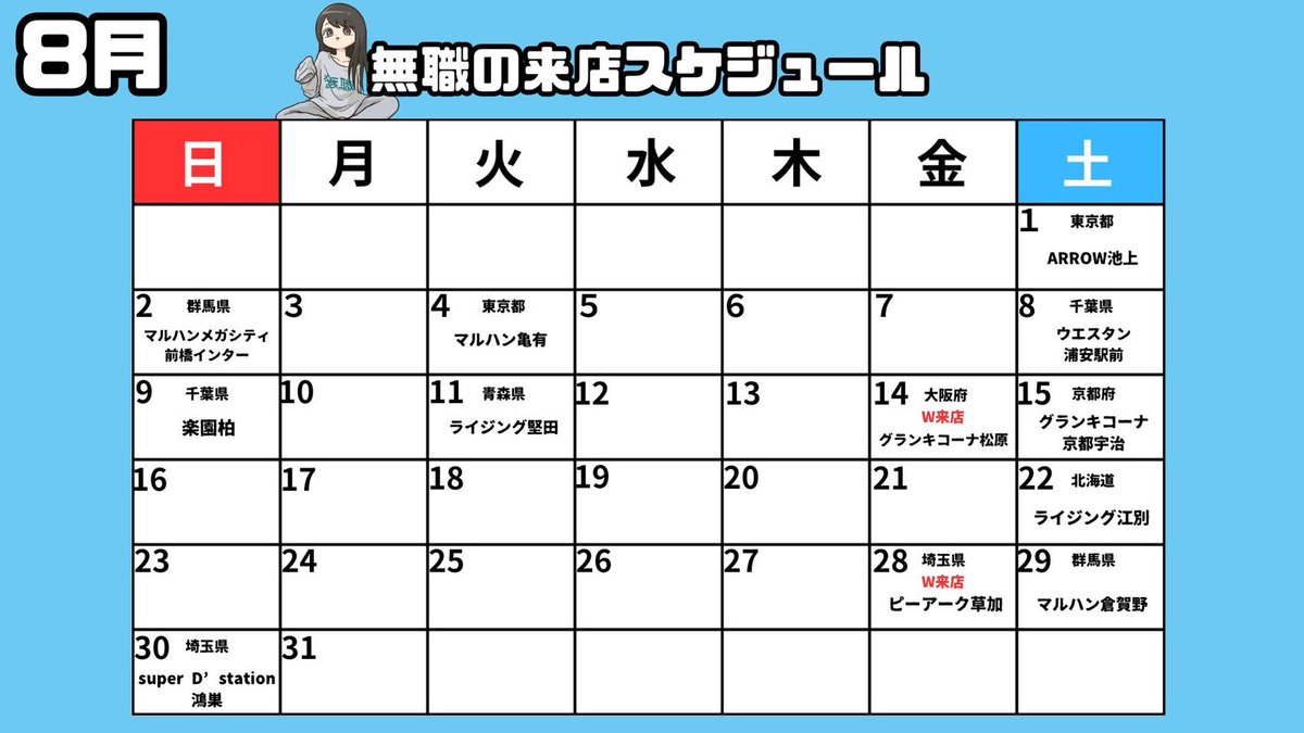 p_mushoku2003's tweet photo. ˖⁺🐳𖥔 8月のスケジュール˖⁺🐳𖥔 ᴾᴿ

《関東/青森/大阪/京都/北海道》
よろしくお願いします( ᵒ̴̶̷̤‧̫ ᵒ̴̶̷̤ )

3枚目も改めてチェックしてもらえると嬉しいです🙌🏻
毎日溶けそうなくらい気温高いので水分補給💧＆暑さ対策していこう🎶

拡散のお手伝いもおねがいします‼︎ https://t.co/svLJUx7Vxz