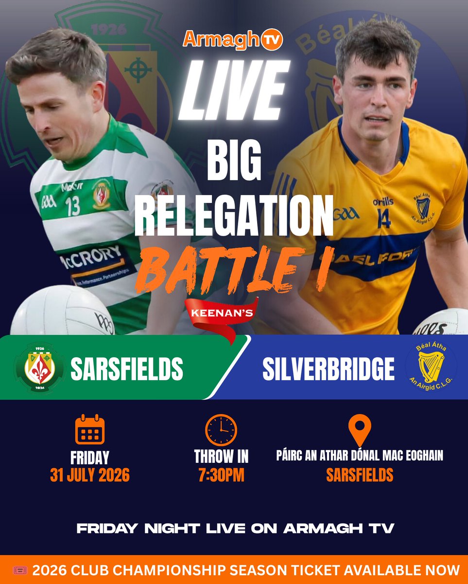 Armagh_GAA's tweet photo. 🟠⚪ BIG RELEGATION WEEKEND LIVE ON ARMAGH TV 📺

On Friday night, Sarsfields welcome Silverbridge in a crucial encounter at Páirc an Athair Dónal Mac Eocháin. Then on Sunday, Crossmaglen host near neighbours Culloville, knowing a positive result could be vital in their fight for survival.

Join the Armagh TV team for both LIVE games this weekend.

🎟️ Watch LIVE or on demand:
https://t.co/lxKmbdTYoe

🎫 Club Championship Season Pass:
https://t.co/103txVkN7Z

#ArmaghTV #ArmaghGAA #ClubChampionship #SeniorFootball #Sarsfields #Silverbridge #Crossmaglen #Culloville