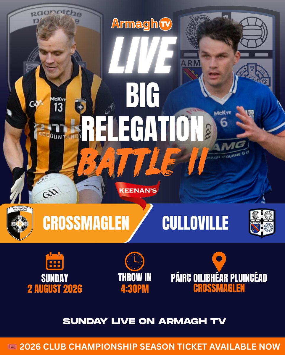 Armagh_GAA's tweet photo. 🟠⚪ BIG RELEGATION WEEKEND LIVE ON ARMAGH TV 📺

On Friday night, Sarsfields welcome Silverbridge in a crucial encounter at Páirc an Athair Dónal Mac Eocháin. Then on Sunday, Crossmaglen host near neighbours Culloville, knowing a positive result could be vital in their fight for survival.

Join the Armagh TV team for both LIVE games this weekend.

🎟️ Watch LIVE or on demand:
https://t.co/lxKmbdTYoe

🎫 Club Championship Season Pass:
https://t.co/103txVkN7Z

#ArmaghTV #ArmaghGAA #ClubChampionship #SeniorFootball #Sarsfields #Silverbridge #Crossmaglen #Culloville