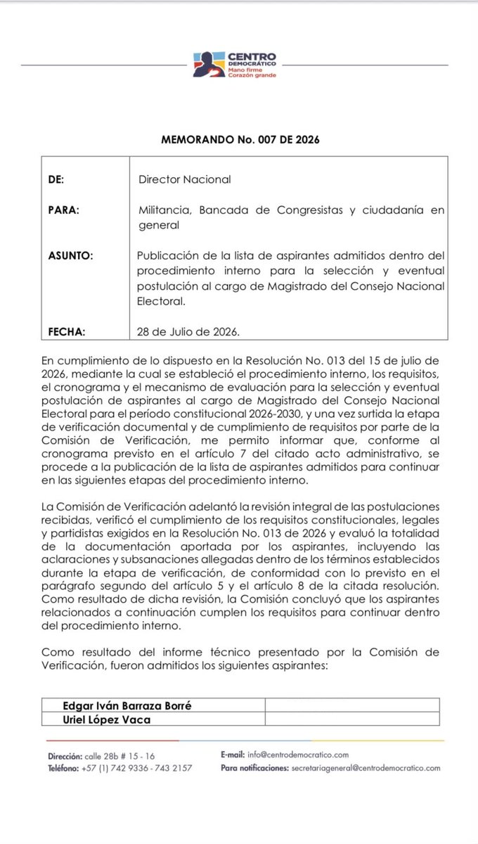 UltimaHoraCR's tweet photo. #Política | Empezó la selección interna de candidaturas por parte de los partidos para el cargo de magistrado del CNE (@CNE_COLOMBIA) 2026-2030. 

Por medio de un memorando, el Centro Democrático (@CeDemocratico) dio a conocer su lista de aspirantes admitidos: 

- Edgar Iván Barraza
- ⁠Uriel López Vaca
- ⁠Lucía María Salgado
- ⁠Jaime Alejandro Amin 
- ⁠Nubia Stella Martínez

Vía: @hivanparra20
https://t.co/woHMRjVE2M