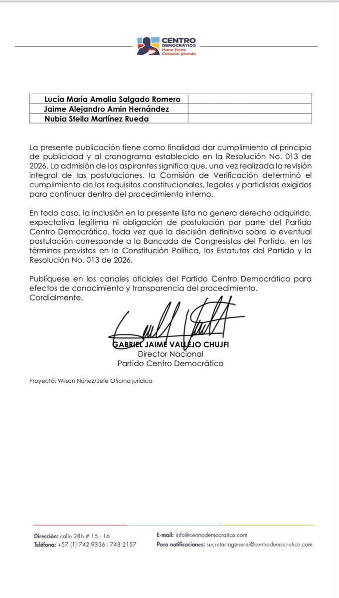 UltimaHoraCR's tweet photo. #Política | Empezó la selección interna de candidaturas por parte de los partidos para el cargo de magistrado del CNE (@CNE_COLOMBIA) 2026-2030. 

Por medio de un memorando, el Centro Democrático (@CeDemocratico) dio a conocer su lista de aspirantes admitidos: 

- Edgar Iván Barraza
- ⁠Uriel López Vaca
- ⁠Lucía María Salgado
- ⁠Jaime Alejandro Amin 
- ⁠Nubia Stella Martínez

Vía: @hivanparra20
https://t.co/woHMRjVE2M