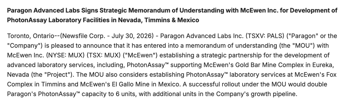 IntelligentCM's tweet photo. Great to see this commercial expansion agreement from Paragon Advanced $PALS.V with McEwen $MUX. We continue to like this “low expectations” set up. Q1 2026 was weaker than the market predicted which is why the stock retraced from $4.00 to $2.00 per share, but we believe utilization is rising rapidly in Q2 2026, and could see sales increase 50%+ sequentially from Q1 to Q2 and could increase 50%+ again from Q2 to Q3. We think this revenue growth will take the market by surprise while inflecting on profitability in Q3.

Disc: Long and wrong a lot