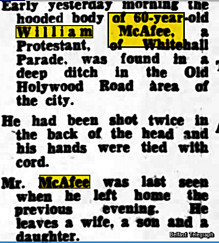Hannyhas's tweet photo. #Remembered 29-30/7/1972, William McAfee, (57) Protestant, married father. Lorry driver/@nihecommunity employee, @OrangeOrder, of Whitehall Pde, Ormeau, murdered by loyalist terrorists. Body found 10 am shot x2 from behind, in ditch, hands tied, near Cairnburn Rd, E. Belfast #OTD https://t.co/e3FNY4tDUM