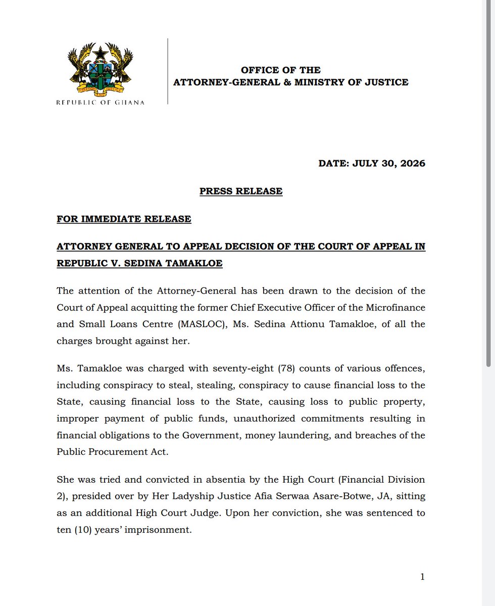 FelixKwakyeOfo1's tweet photo. Attorney-General to appeal Appeals Court ruling in Sedina Tamakloe Attionu case. https://t.co/sBbA199nRn