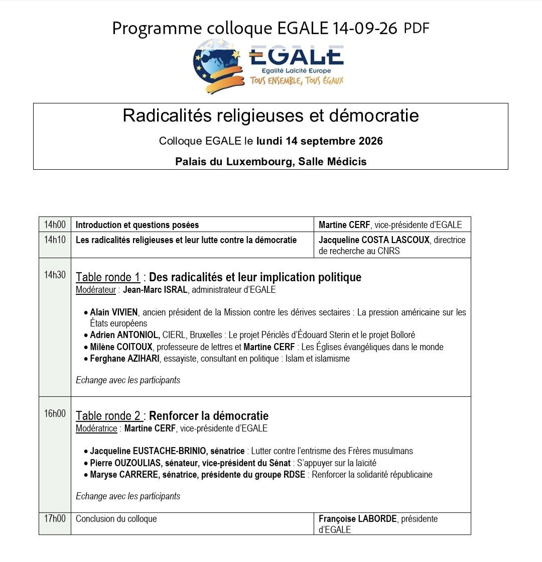 egale_laicite's tweet photo. 📢 EGALE a le plaisir de vous inviter au colloque :

RADICALITES RELIGIEUSES &amp; DEMOCRATIE

au Palais du Luxembourg, le lundi 14 mai de 13h30 à 18h.

Nous serions heureux de vous compter parmi les participants, et vous invitons à vous inscrire à l'adresse contact@egale.eu. https://t.co/zQmi9F888c
