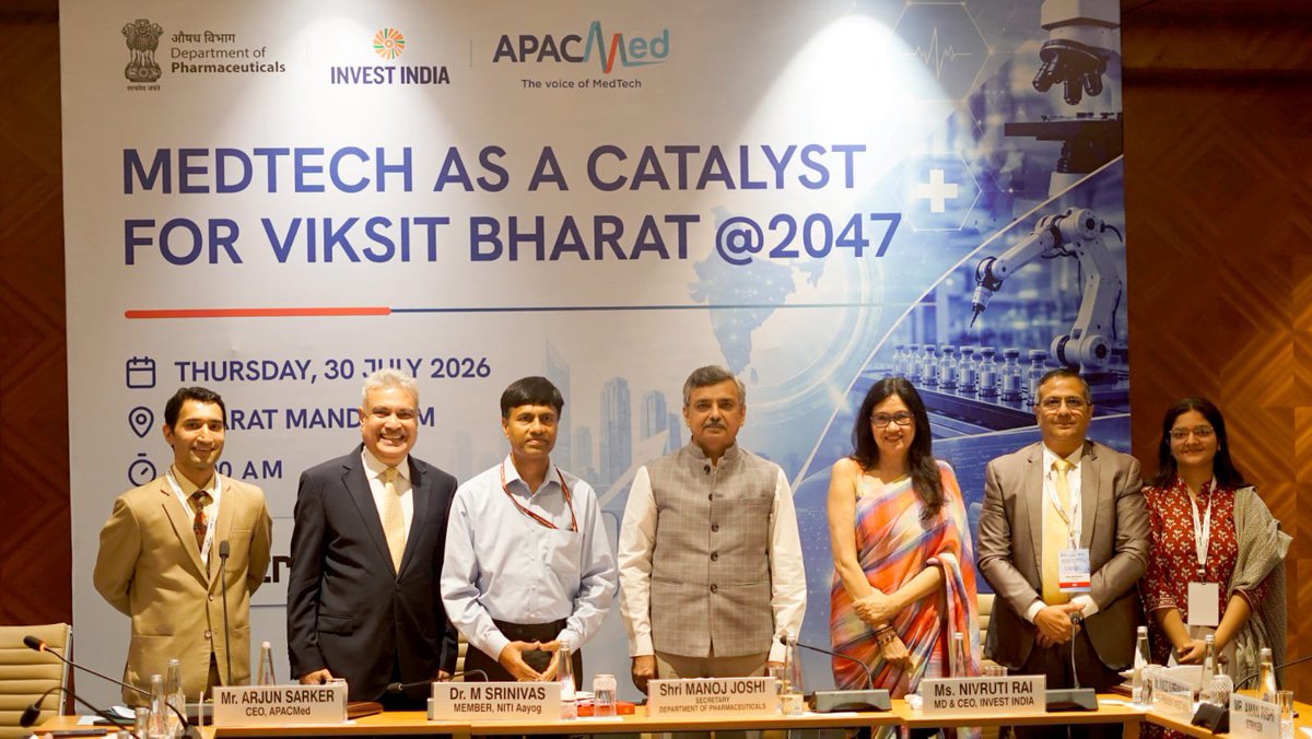 Pharmadept's tweet photo. Invest India, the National Investment Promotion and Facilitation Agency of the Government of India, signed a Memorandum of Understanding (MoU) with the Asia Pacific Medical Technology Association (APACMed), today at Bharat Mandapam, New Delhi. The MoU aims to strengthen collaboration between the Government and the global MedTech industry to facilitate investment, innovation and sustainable growth in India’s medical technology sector.

Read : https://t.co/uXh2mSph4Y

#Pharmaceuticals #Pharma #MoU