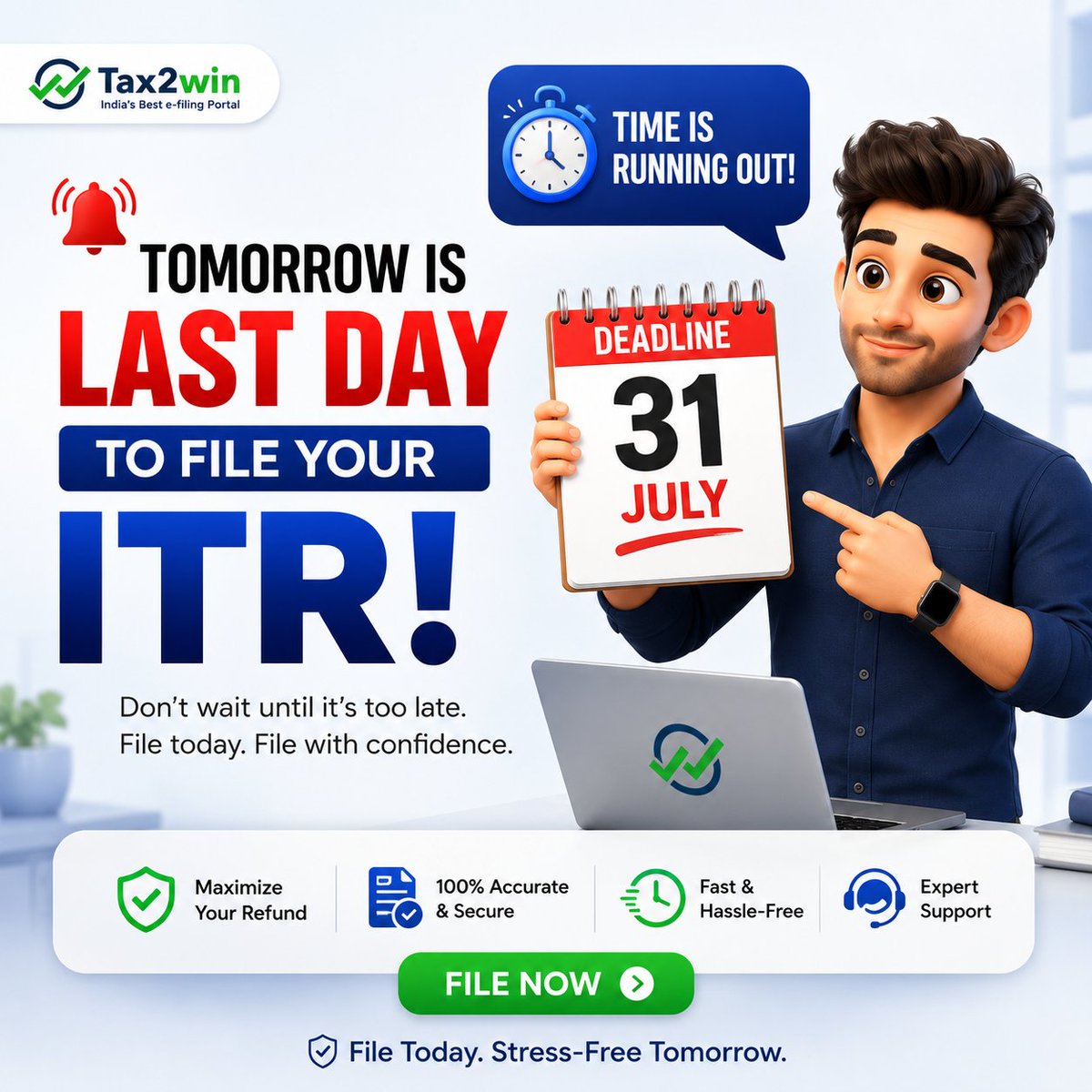 tax2win's tweet photo. Tomorrow (31 July) is the last date to file your ITR-1 &amp; ITR-2!

⚠️ Missing the deadline may result in a penalty and other consequences.

File your ITR today and stay compliant. https://t.co/TH9ZuyIBjF

#ITR #IncomeTax #ITR2026 #TaxFiling #FileYourITR #ITR1 #ITR2 #TaxDeadline https://t.co/1AZ93MQv6F