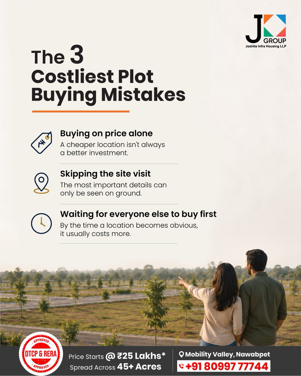 JGroupInfra's tweet photo. The biggest real estate mistakes come from rushed decisions. Smart buyers look beyond price, visit the site, assess future growth, and invest early. That's where long-term value and the real advantage begin.

#JGroupInfra #HyderabadRealEstate #SmartInvestment #LandInvestment https://t.co/yZ5j3hmKSu