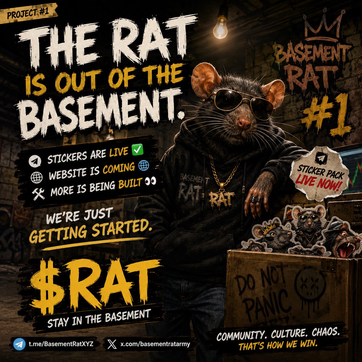 BasementRatArmy's tweet photo. 🐀 THE RAT IS OUT OF THE BASEMENT.

No fancy promises.
No boring corporate shit.

Just a RAT, a community &amp; a mission. 🐀🔥

Stickers are LIVE ✅
Website is coming 🌐
More is being built 👀

We’re just getting started.

🐀 $RAT — STAY IN THE BASEMENT

#Solana #Memecoin #Crypto https://t.co/gUms4Cb6MA
