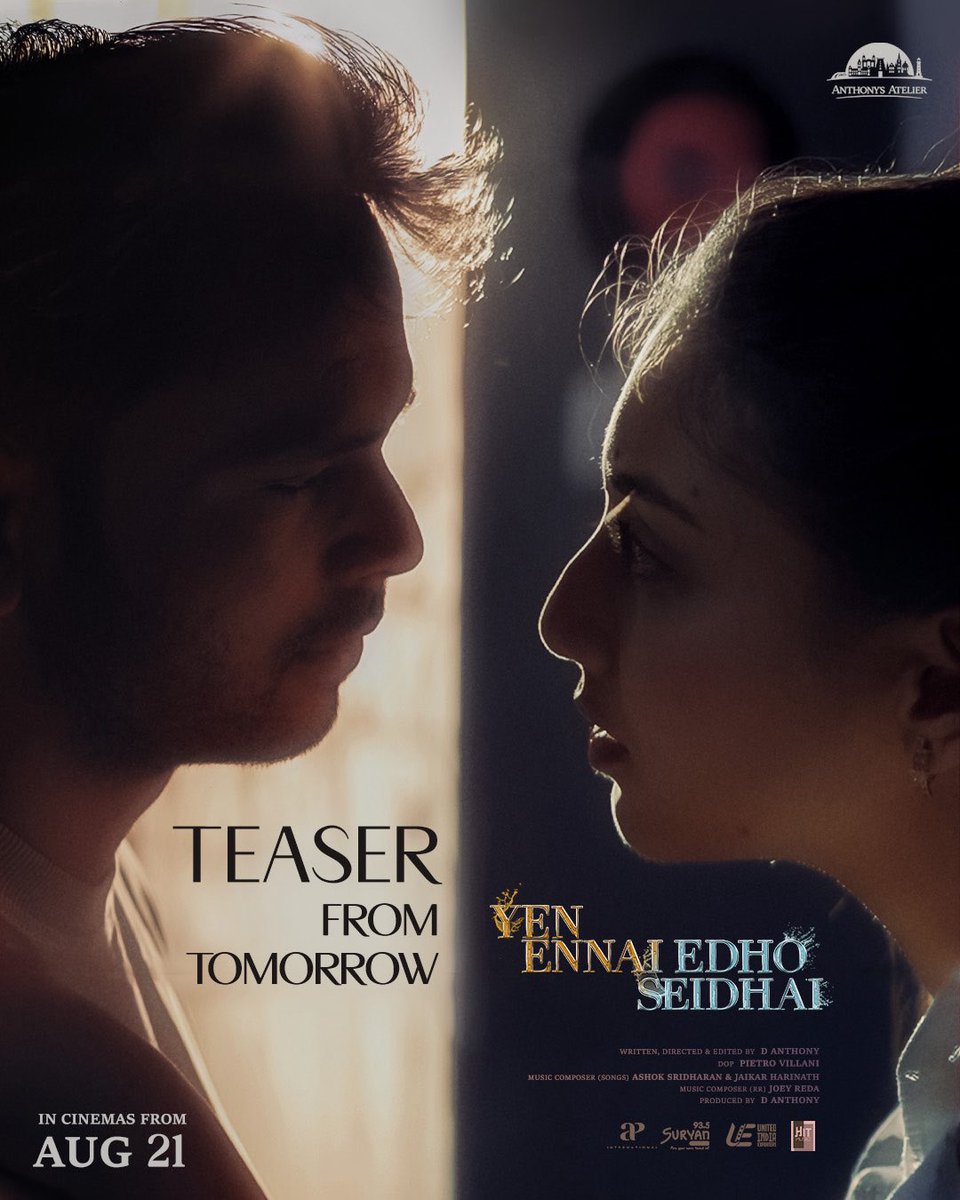 BehindTalkies's tweet photo. Get ready to witness a journey of love & emotions 💟 

#YenEnnaiEdhoSeidhai Teaser drops tomorrow at 5 PM.

Starring: #DAnthony #MadhumitaDas 🌟
Dop: #Pietro Villani
Music by: #Joey Reda🎶

#YEESmovieFromAug21 @SAtelier64118 @ImS_Ashok @iamKarthikNetha @JanetSophia_Y @regin_rose @Navyasujji1 @teamaimpr