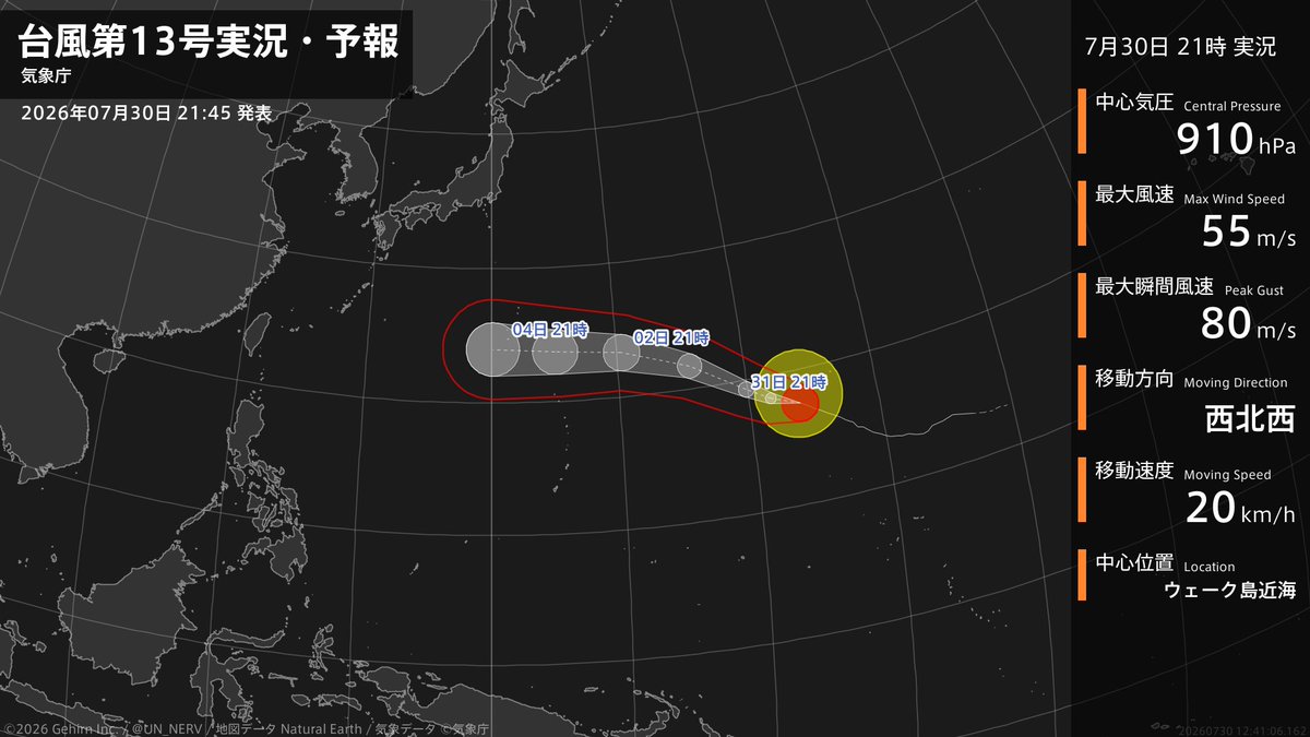 UN_NERV's tweet photo. 【台風第13号実況・予報 2026年07月30日 21:41】
猛烈な台風第13号（ドルフィン）は、ウェーク島近海を1時間に20キロの速さで西北西に進んでいます。 https://t.co/5YbgzM1f3j