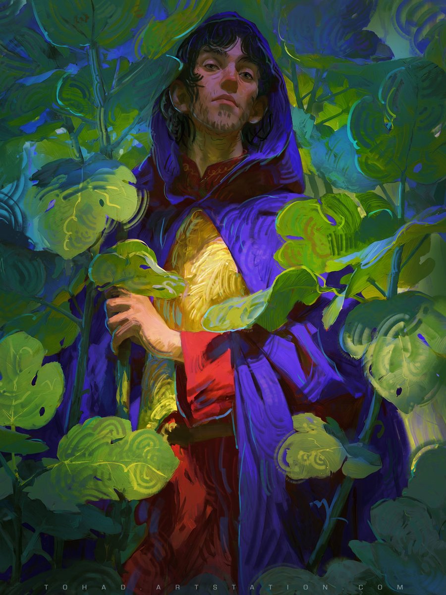 sylvainsarrailh's tweet photo. Portfolio update : Green Blood

He always appears unannounced. Like an irritating grain of pollen, his very breath scorches our gaze and grips our senses the moment he speaks. Imagining himself flower or foliage, he never grants his name, believing himself to be of the plant world.
He swears that green blood flows through his veins, forgetting that his heavy purple garb still drips with the juices of his victims.