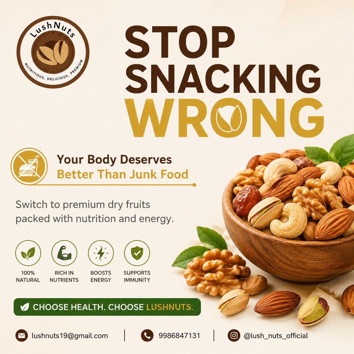 lush_nuts's tweet photo. 🥜 Stop snacking wrong. Fuel your body with LushNuts premium dry fruits—handpicked, nutritious, and packed with natural goodness. 🌿

✨ Choose Health. Choose LushNuts.

👨‍💼 Founder &amp; CEO: Karthik Raikar
📧 lushnuts19@gmail.com
📞 +91 9986847131 https://t.co/qxbNwa30zK