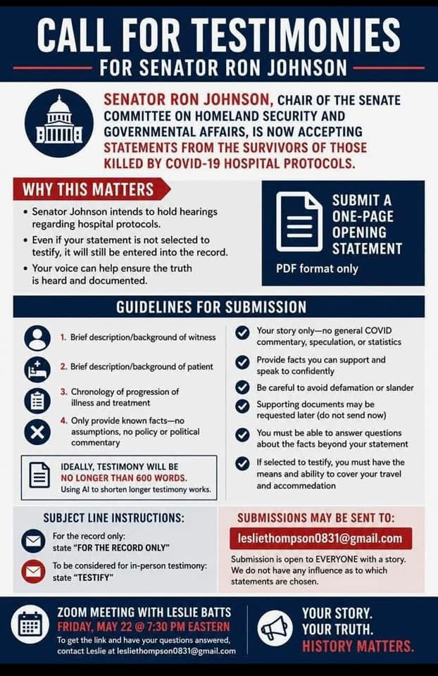 alignedadvocate's tweet photo. Something that remains a focus is Accountability for Medical Crime Victims. @SenRonJohnson has made contact with a few Hospital Protocol Widows and he is now setting up meetings and Accepting Testimonies to be part of The Congressional Record. Plausible Deniability Will Be Eliminated! Are You Still Fighting For Medical Freedom?