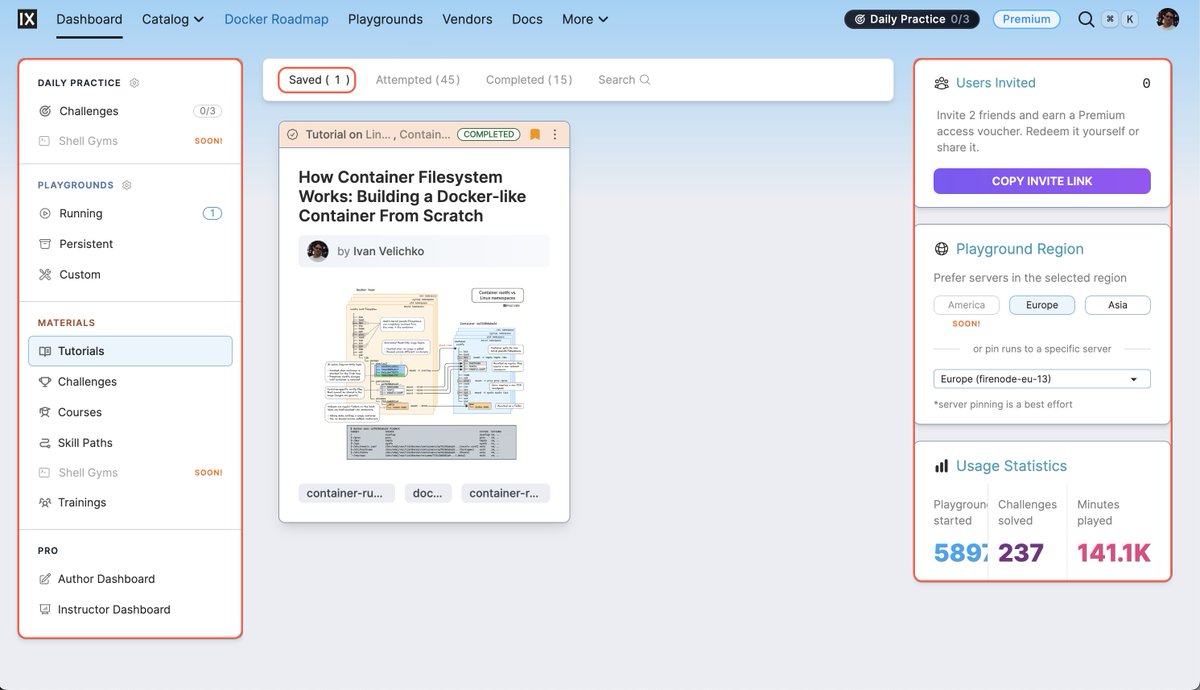 iximiuz's tweet photo. iximiuz Labs has just gotten the new "learner" dashboard:

- The structure & navigation are hopefully saner now
- Cleared some space for the coming soon Shell Gyms
- Everything should be snappier and less jumpy

Last but not least, learning materials can now be "saved for later" while browsing the catalog(s) and then quickly accessed in the dashboard. A bunch of people have asked about this capability, so I'm super happy I finally shipped it.