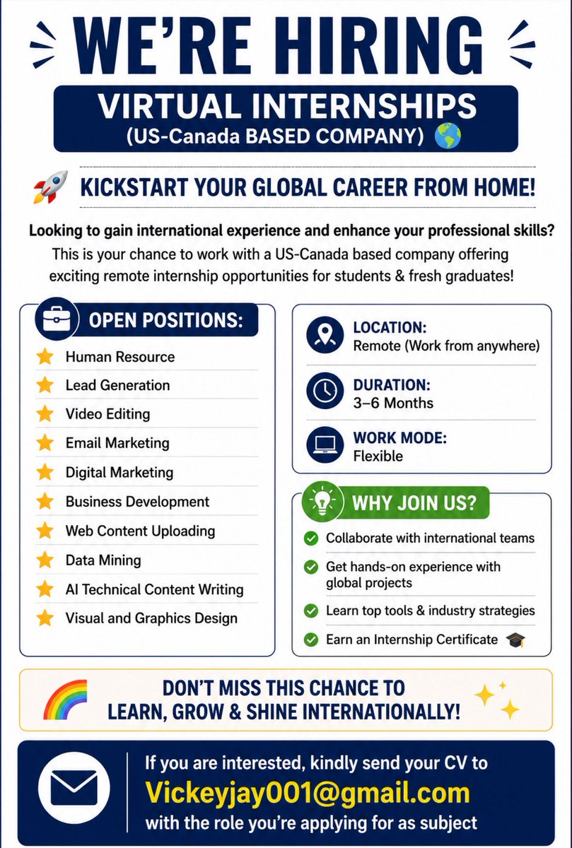 vickeyjay__jay_'s tweet photo. We are #hiring
#Internship #RemoteInternship #VirtualInternship #HRInternship #EmailMarketing #LeadGeneration #TechnicalWriting #DataMining #CareerOpportunity #TheGAOGroup https://t.co/7kSHdMkjbI