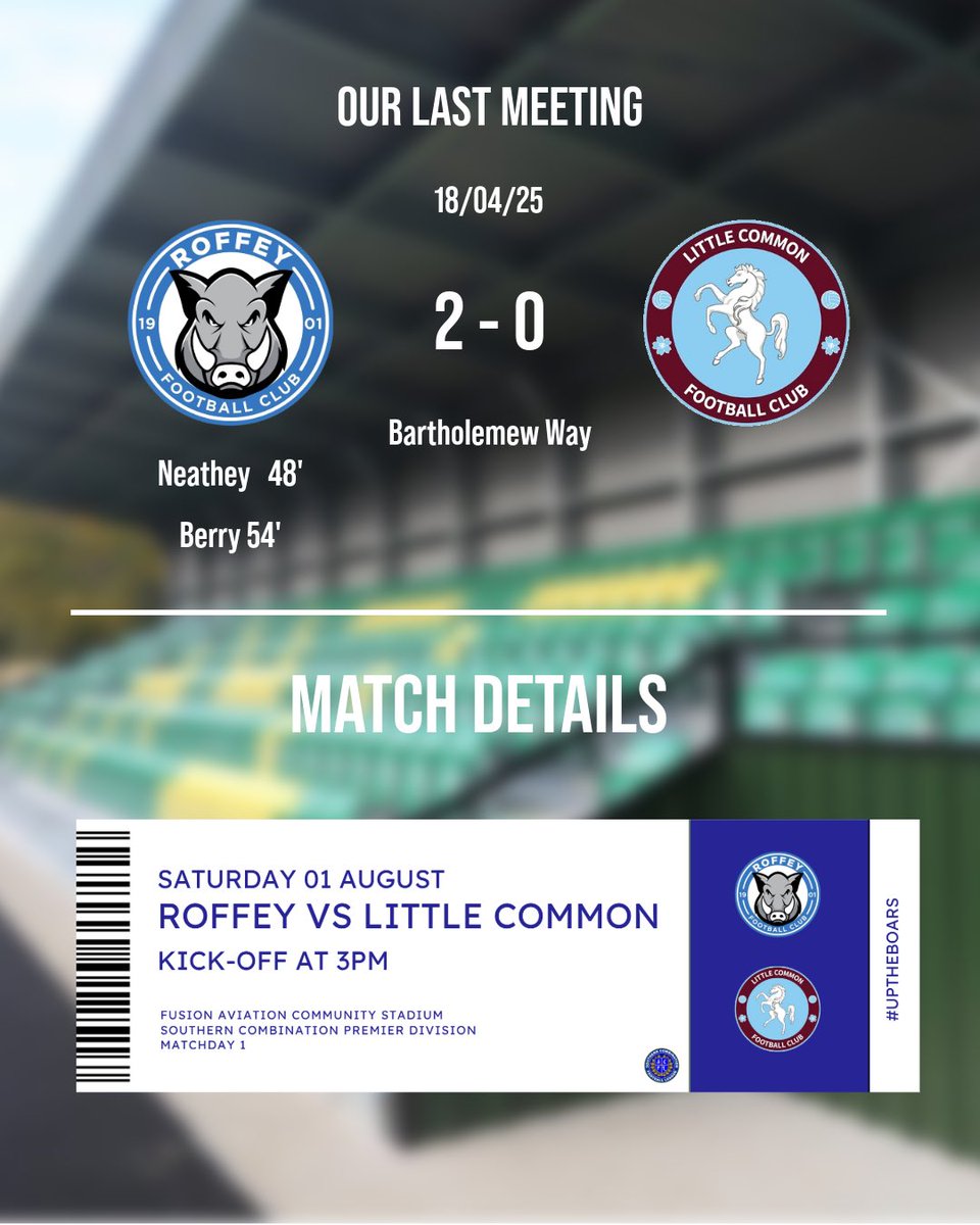 RoffeyFC's tweet photo. 🐗 SATURDAY. HOME. FOOTBALL. 🐗

This Saturday we welcome Little Common to the Fusion Aviation Stadium for our first home fixture of the campaign!

Ahead of kick-off, get to know our opponents with our first Meet the Opposition of the season. 👀

Who’s joining us for the first one? 👊

Drop your score predictions below ⬇️

🆚 Roffey FC vs Little Common
🏟️ Fusion Aviation Stadium
📅 Saturday 01 August 
⏰ 15:00

#UpTheBoars #Football #NonLeague #Sussex #Horsham #RoffeyFC