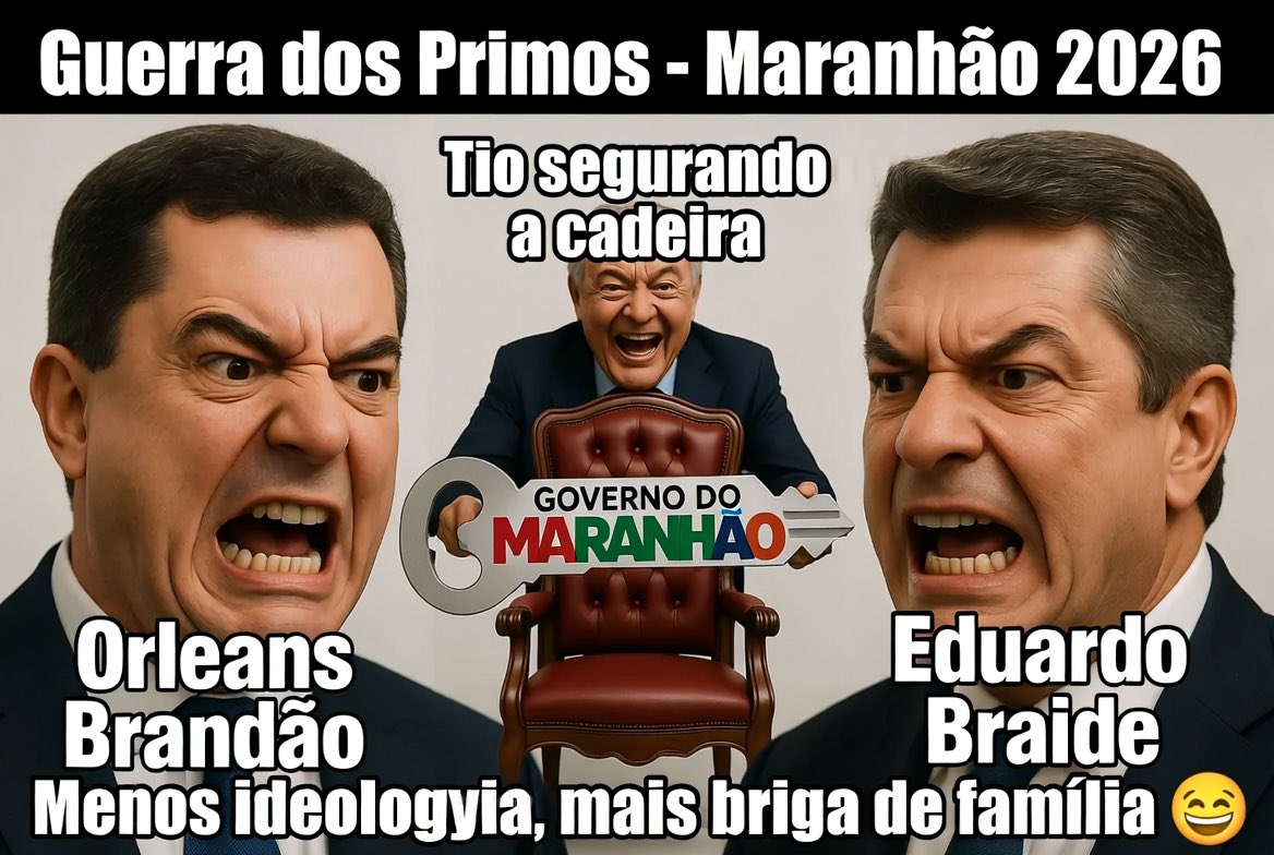 WeldesonCg's tweet photo. No Maranhão a política é assim:
Brandão: “Não vou entregar pro Camarão”
→ segura o governo
→ lança o sobrinho Orleans
O primo Braide:
já tá na frente nas pesquisas com 13 pontos de vantagem
Resumo da novela:
Dois primos brigando pelo trono
enquanto o tio segura a cadeira até o último dia.

Maranhão 2026:
menos ideologia, mais briga de família.