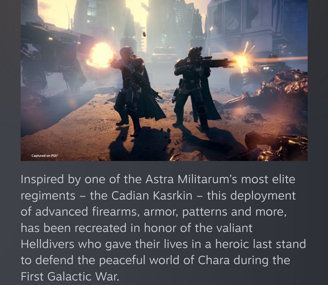 MachDominus's tweet photo. I think there was a missed opportunity by saying the Kasrkin armor is meant to honor Chara, when we currently have an invasion on Karlia, which is currently attacked by the Squids.

Would've been even better if losing it expanded the Void further, mirroring the Fall of Cadia. https://t.co/ujXZ2yKhjv