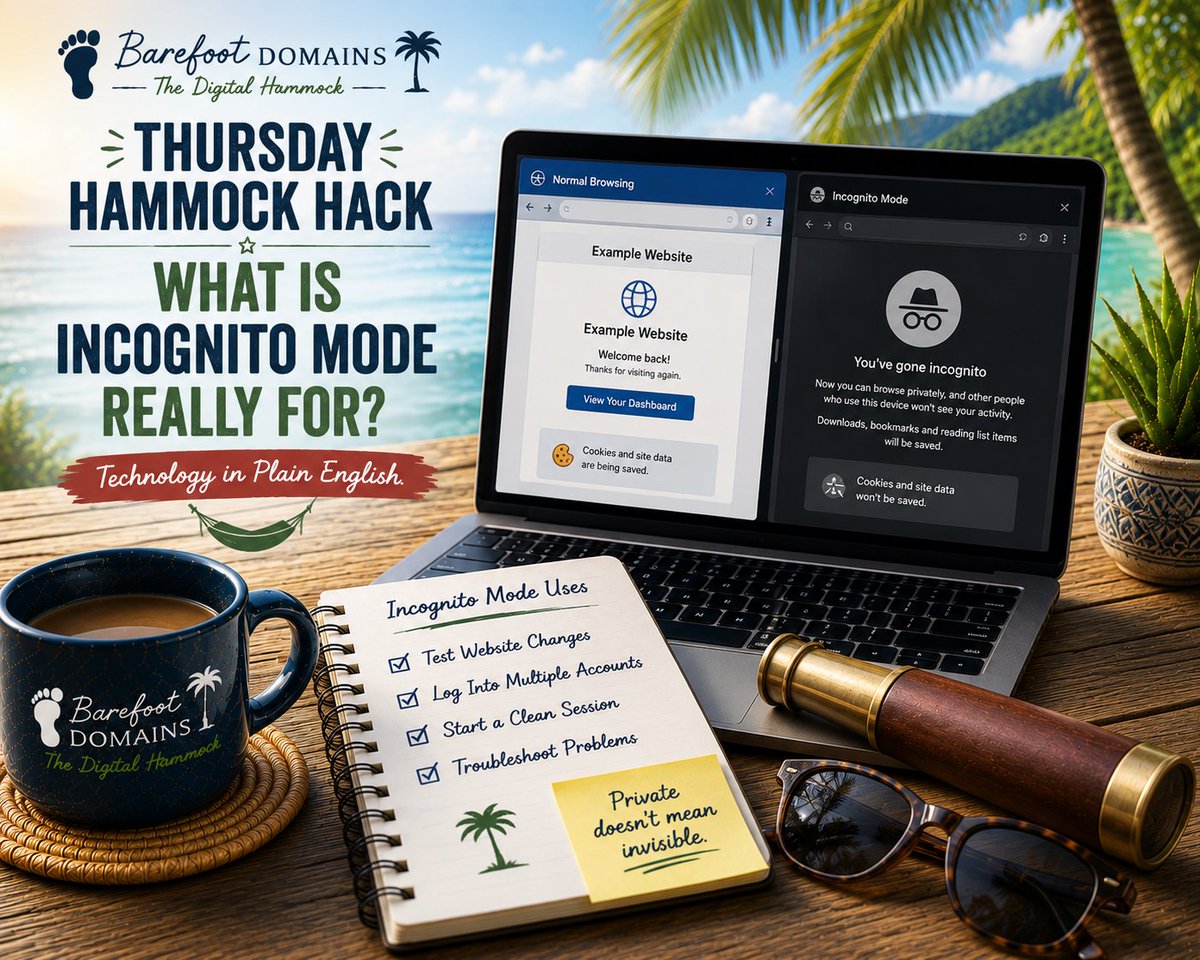 BarefootDomains's tweet photo. 🔭 Thursday Hammock Hack

Incognito Mode doesn't make you anonymous online—but it's a great tool for testing website updates, troubleshooting, and starting with a clean browser session.

🌴 Technology made simple. https://t.co/ax2JaXVGV6 

#TechTips #WebsiteTips #BarefootDomains https://t.co/ird8VJhrex