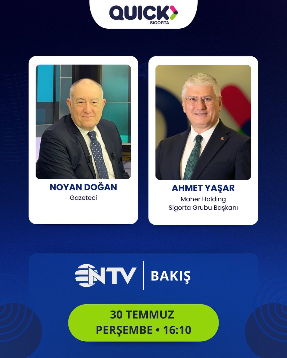 quicksigorta's tweet photo. Maher Holding Sigorta Grubu Başkanı Ahmet Yaşar, Noyan Doğan’ın sunduğu “Bakış” programının konuğu oluyor. 📺
#NTV #QuickSigorta https://t.co/93uJ4mGK5z