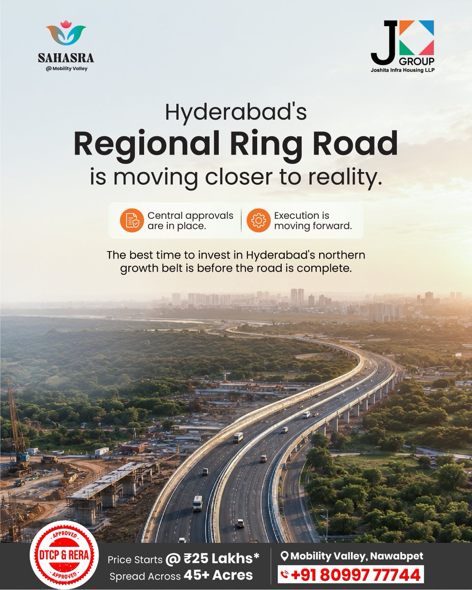JGroupInfra's tweet photo. Hyderabad's RRR is driving the next wave of growth. Smart investors act before infrastructure is complete. Explore the potential of Sahasra in the Sangareddy growth belt. Visit Sahasra | Call: 8099777744

#RRR #HyderabadRealEstate #Sahasra #JGroupInfra #LandInvestment https://t.co/LPLYVmLzrC