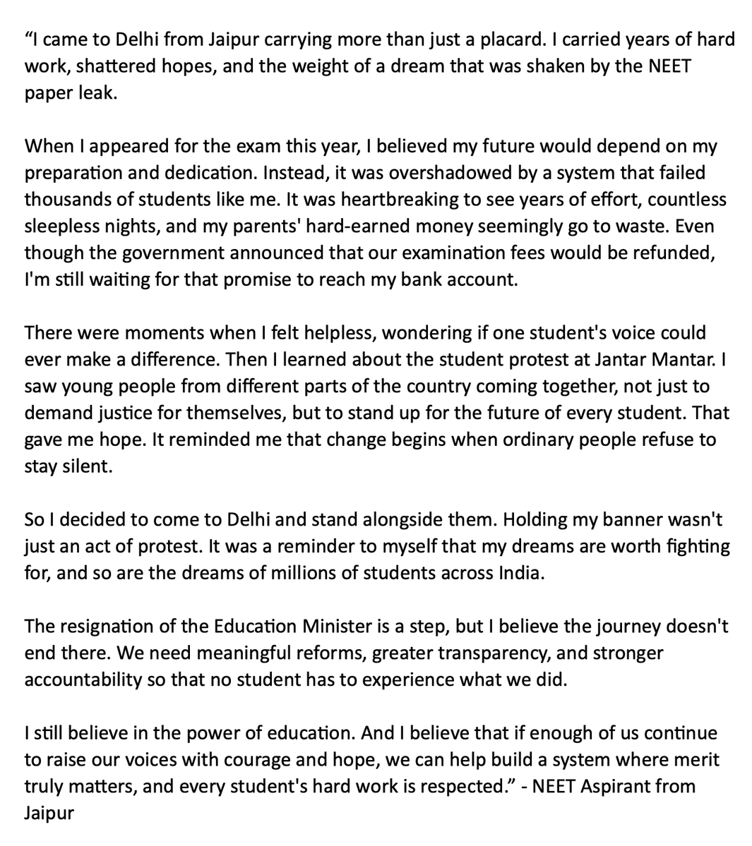 HumansofHind's tweet photo. "The resignation of the Education Minister is a step, but I believe the journey doesn't end there. We need meaningful reforms, greater transparency, and stronger accountability so that no student has to experience what we did..." - NEET Aspirant from Jaipur
#humansofhindustan https://t.co/fYq1w1O93C