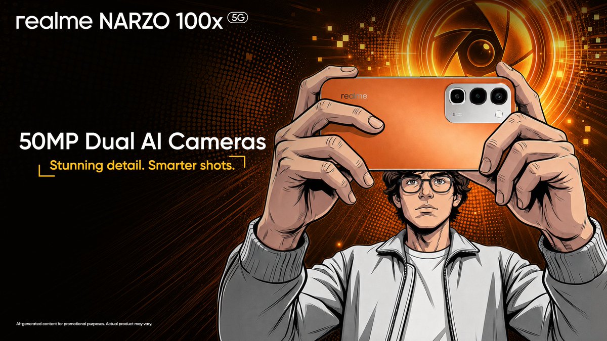 realmenarzoIN's tweet photo. Capture every moment with stunning detail and smarter shots, powered by the 50MP Dual AI Cameras on the #realmeNARZO100x 5G.

Buy Now
https://t.co/6OPqHGEuii 
https://t.co/UjvjVylohT https://t.co/f7U3QVMbbl