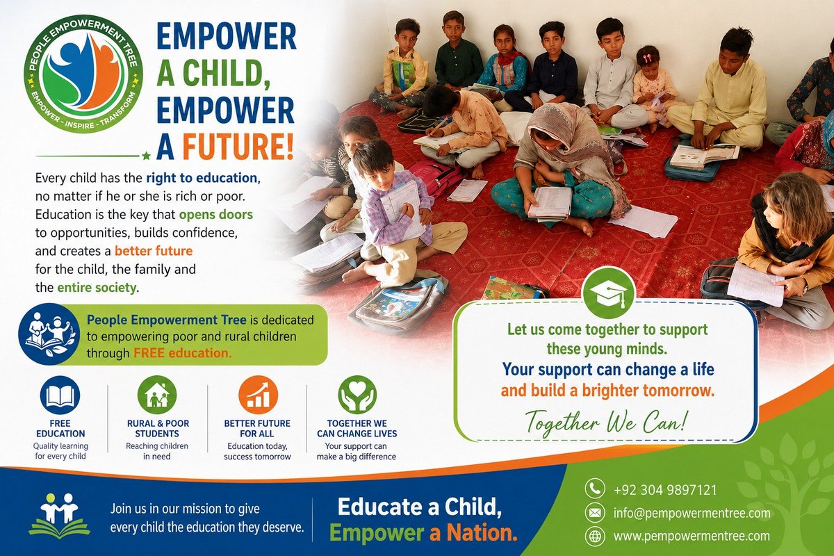 anthoni_29's tweet photo. Every Child Deserves an Education

Poverty should never stop a child from learning. At People Empowerment Tree (PET), we are committed to providing free education to underprivileged children, especially in rural areas.
@FranceinPak
@BelgiumISB
@usembislamabad 
@Gerbrandy 
@UN https://t.co/dTNZv4U4FK