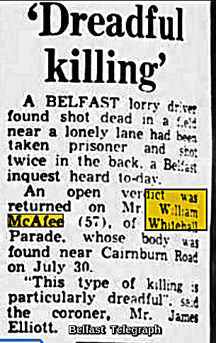 Hannyhas's tweet photo. #Remembered 29-30/7/1972, William McAfee, (57) Protestant, married father. Lorry driver/@nihecommunity employee, @OrangeOrder, of Whitehall Pde, Ormeau, murdered by loyalist terrorists. Body found 10 am shot x2 from behind, in ditch, hands tied, near Cairnburn Rd, E. Belfast #OTD https://t.co/e3FNY4tDUM