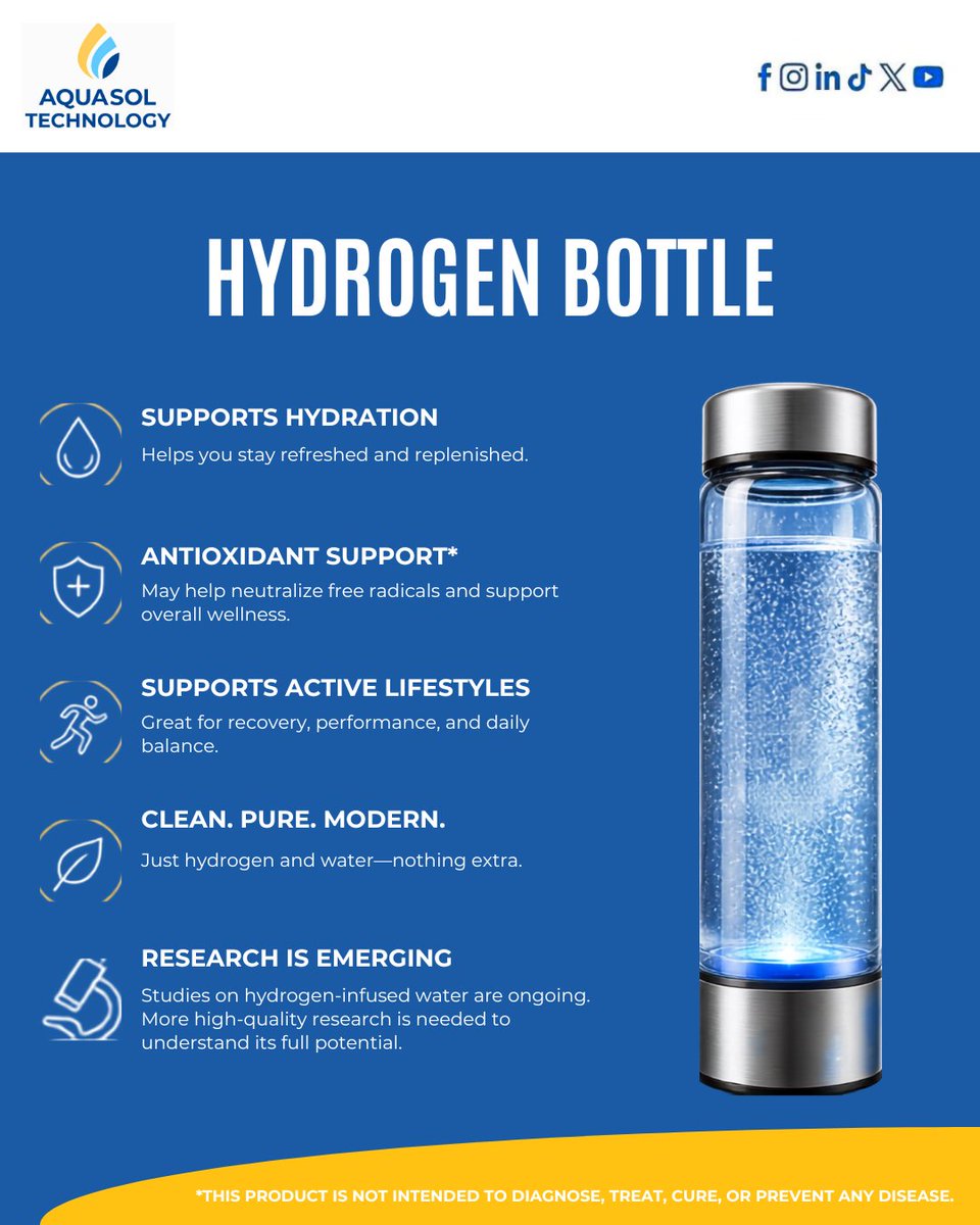 AquasolTechLTD's tweet photo. Every sip of hydrogen-rich water may help support hydration, may provide antioxidant support, and may complement an active, balanced lifestyle.

*Please note that this product is not intended to diagnose, treat, cure, or prevent any disease.

#AquasolTechnology #HydrogenWater https://t.co/IlgFX3yQ1T
