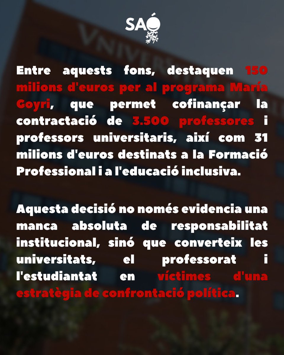 sao_uv's tweet photo. 📣 La irresponsabilitat de les administracions autonòmiques del Partit Popular deixen a la comunitat universitària paralitzada 🔒

Davant els seus bloquejos partidistes, la dignitat universitària s'ha de manifestar en la lluita contra estes actituds vergonyoses ‼️✊️ https://t.co/EVyW8Z1TYA
