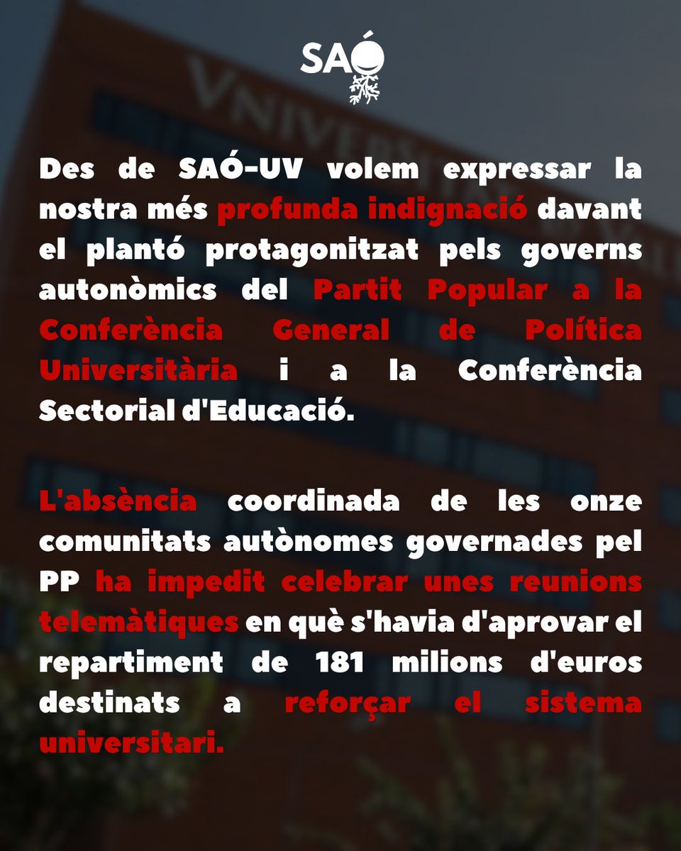 sao_uv's tweet photo. 📣 La irresponsabilitat de les administracions autonòmiques del Partit Popular deixen a la comunitat universitària paralitzada 🔒

Davant els seus bloquejos partidistes, la dignitat universitària s'ha de manifestar en la lluita contra estes actituds vergonyoses ‼️✊️ https://t.co/EVyW8Z1TYA