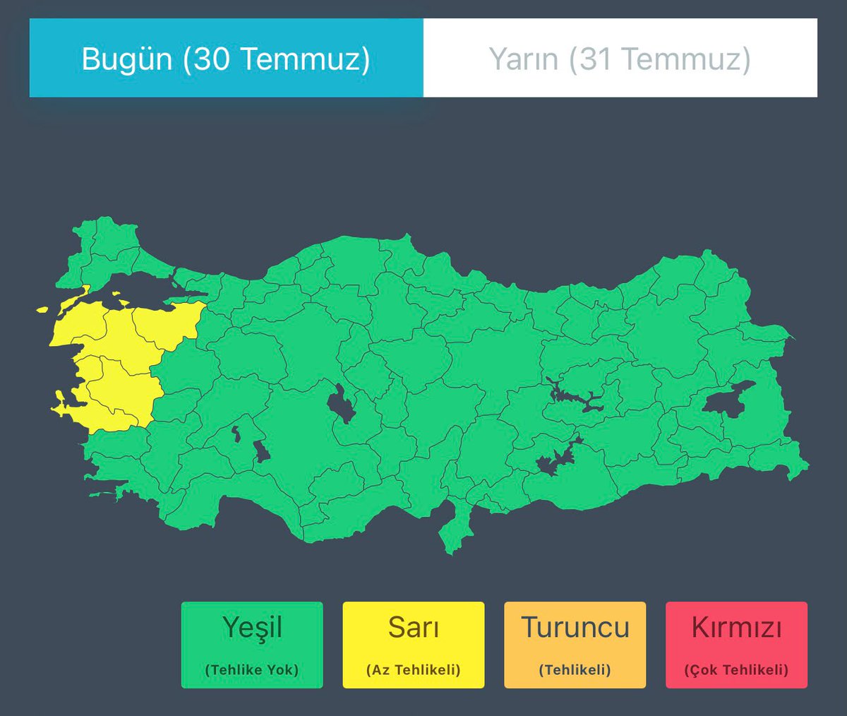 TC_icisleri's tweet photo. Meteoroloji Genel Müdürlüğü'nden (@meteoroloji_twi) alınan son bilgilere göre;

🗓️ 30 Temmuz 2026 Perşembe günü;
📍 Marmara'nın güneybatısı ile Kuzey Ege'de kuzey ve kuzeydoğu (poyraz) yönlerden kuvvetli rüzgar ve fırtına bekleniyor.

🗓️ 31 Temmuz 2026 Cuma günü;
📍 Cuma günü İzmir ve Manisa'da kuvvetli ve yer yer kısa süreli fırtına, Cuma ve Cumartesi günleri Trakya ile İstanbul, Kocaeli, Yalova ve Bursa'nın batısında kuvvetli rüzgar, Balıkesir ve Çanakkale'de kuvvetli rüzgar ve yer yer kısa süreli fırtına bekleniyor.

⚠️ Vatandaşlarımızın ağaç ve direk devrilmesi, çatı uçması ile ulaşımda aksamalar gibi olumsuzluklara karşı dikkatli ve tedbirli olmasını; yetkili mercilerin uyarılarını dikkate almalarını önemle hatırlatıyoruz.

#AFAD 🇹🇷