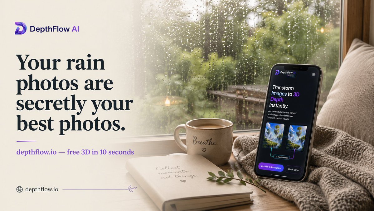 depthflow_ai's tweet photo. Rain photos have something most photos don't: natural depth layers.

Raindrops in front. Subject in the middle. Mist behind.

That's exactly what makes DepthFlow results look incredible.

Weekend plan: run your monsoon shots through https://t.co/4BPNKaBp1X 🌧️🌊

#Monsoon https://t.co/hzYXfudjzN