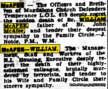 Hannyhas's tweet photo. #Remembered 29-30/7/1972, William McAfee, (57) Protestant, married father. Lorry driver/@nihecommunity employee, @OrangeOrder, of Whitehall Pde, Ormeau, murdered by loyalist terrorists. Body found 10 am shot x2 from behind, in ditch, hands tied, near Cairnburn Rd, E. Belfast #OTD https://t.co/e3FNY4tDUM