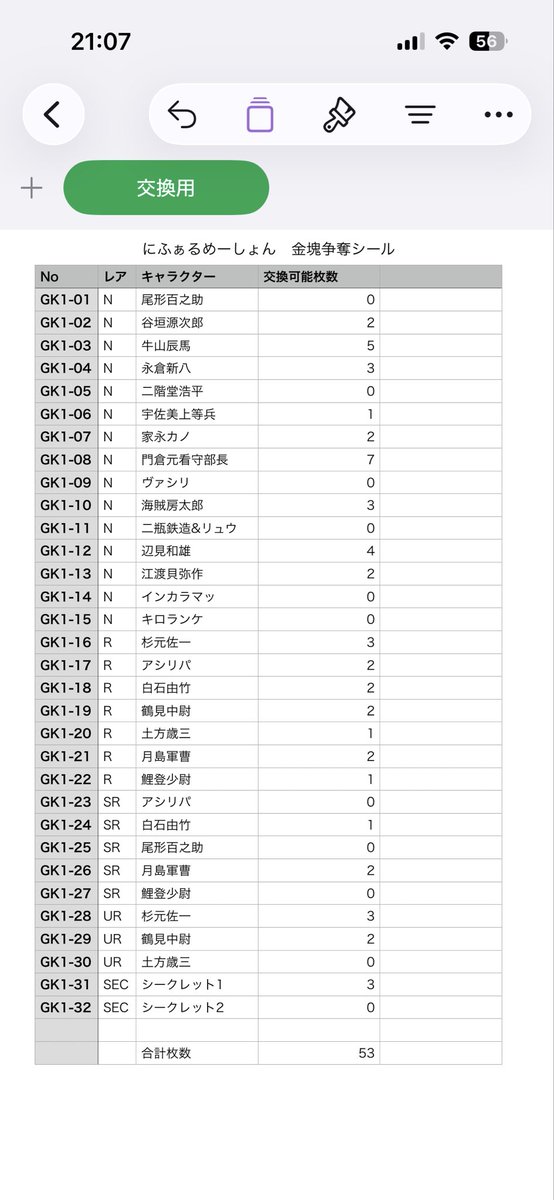 Chingeman's tweet photo. 【交換希望】
にふぉるめーしょん
ゴールデンカムイ
金塊争奪シールウエハース

求：二瓶&amp;リュウ、SRアシリパさん
　　N/SR尾形
　　（画像一枚目）
譲：多数あるため、画像二枚目にまとめています。ご希望あれば個別で写真貼ります。

#ゴールデンカムイ
#にふぉるめーしょん https://t.co/ytFMwplejl