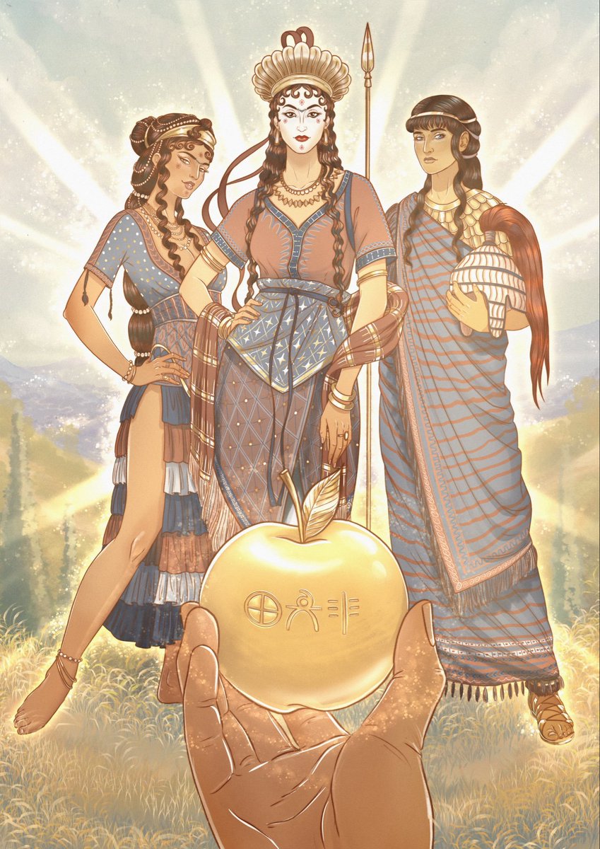 CatImperator's tweet photo. The Judgment of Paris, or Paris' declaration of Aphrodite as the fairest goddess...the fateful decision that would eventually lead to Trojan War and destruction of Troy.

Aphrodite, Hera and Athena.

On left, the goddesses are depicted in the Bronze Age fashion of the Aegean, a mix of Mycenaean style, with some Minoan influences.

On, the right, more recognizable classical robes. We got neither from Nolan...

Great illustrations by @SanioArt