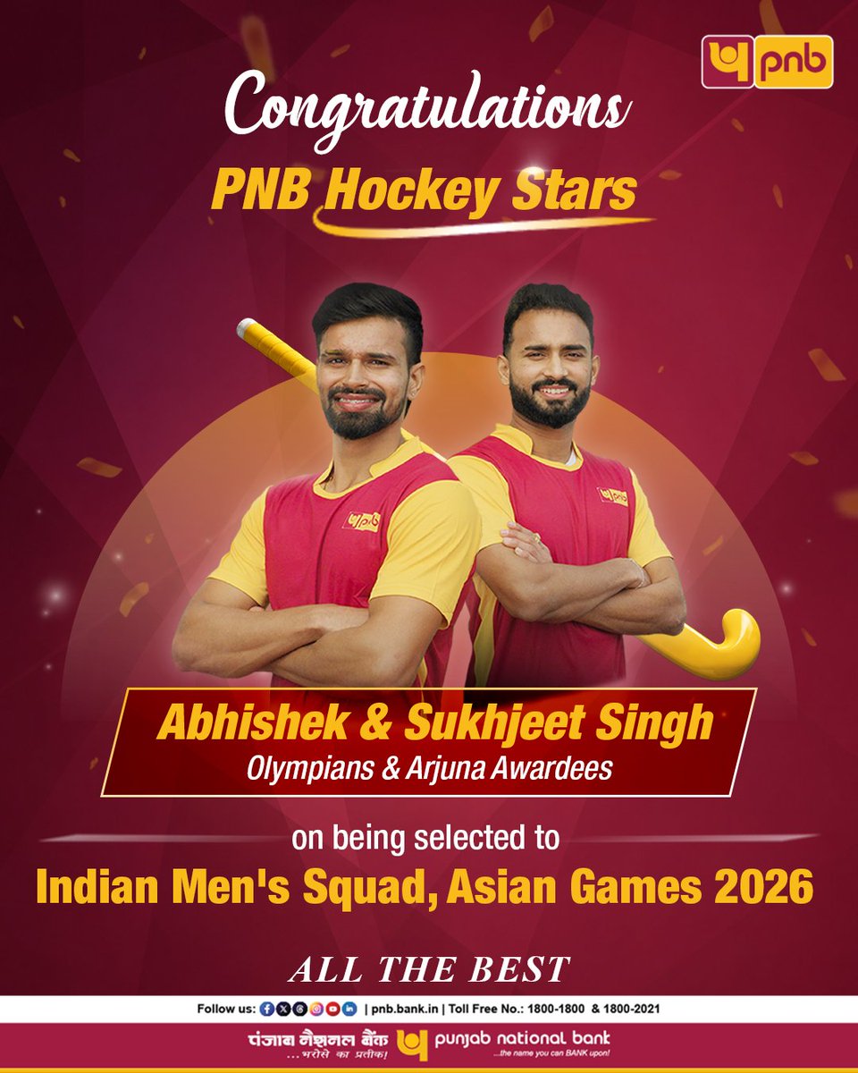 pnbindia's tweet photo. A Proud Moment for the PNB Parivar

Huge congratulations to Abhishek &amp; Sukhjeet Singh.
All the best for the Asian Games 2026

#PNB #PNBParivar #ProudMoment #HockeyIndia #AsianGames2026 #IndianMensSquad https://t.co/HX4D8xs0Qp