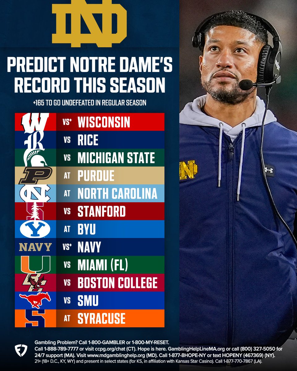 FanDuel's tweet photo. Do you see ANY losses for Notre Dame? ☘️

They're +165 to go UNDEFEATED.

@FDSportsbook | #GoIrish https://t.co/MuWJYij3Tb