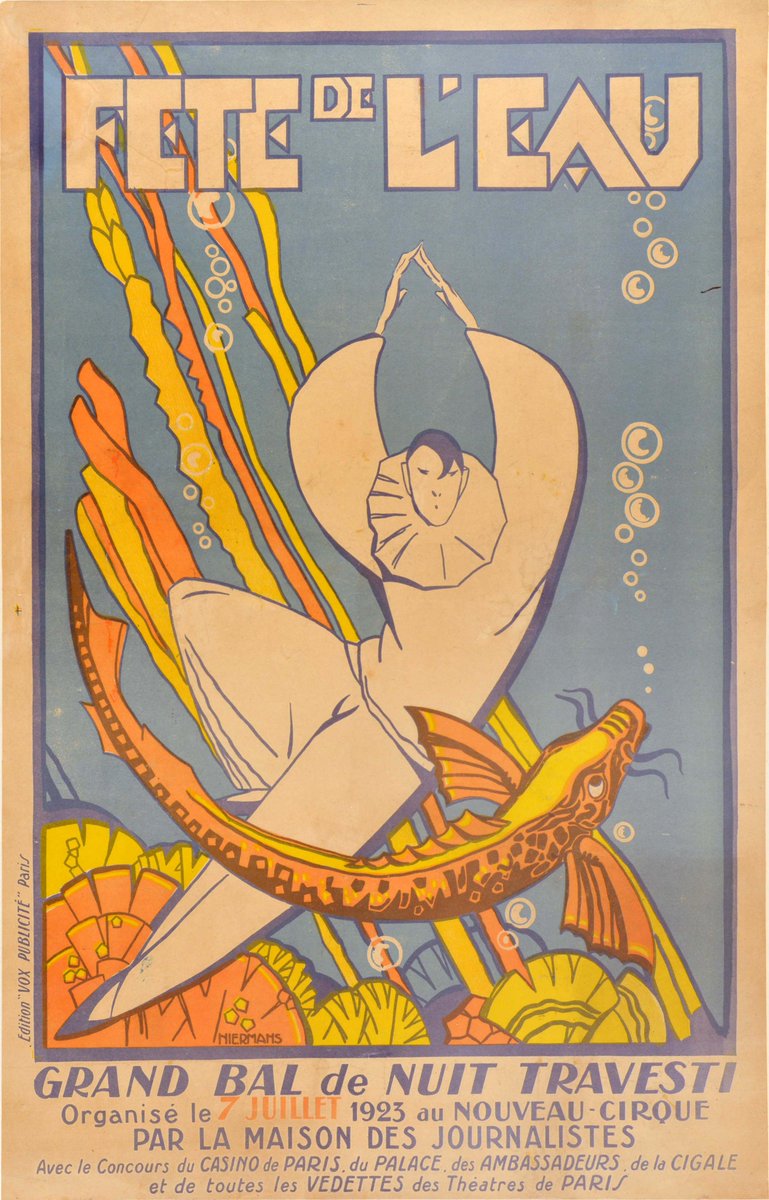 AntikBar's tweet photo. Original #vintage #poster of the day - Fete de l'Eau Grand Bal de Nuit Travesti Nouveau Cirque Paris β’ Water Festival Night Time Cross-dressing Ball New Circus (1923) β https://t.co/A8AHqrgeKw
#GrandBall #Drag #Costume #Underwater #ArtDeco #Design #ClownWeek #FestivalMonday https://t.co/DaArrkeXHe