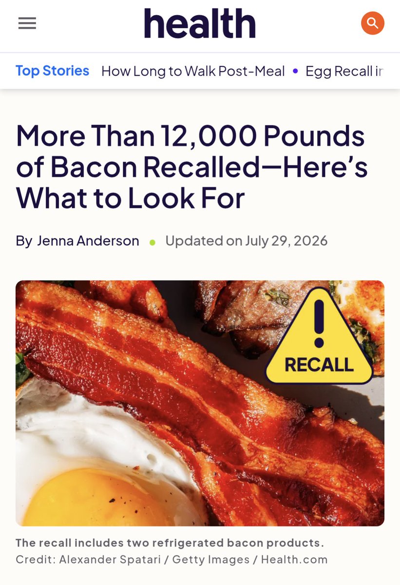 deluxe_pepe's tweet photo. Over 12,000 pounds of bacon have been recalled in three states.

The bacon, which was imported from Canada, was not inspected when it entered the U.S.

The recall has been given the highest risk level—toss or return it immediately.

Royale Natural Applewood Smoked All Natural Uncured Bacon Product of Canada

Top Valu Uncured Hardwood Smoked Bacon Product of Canada

The recalled bacon was distributed to Grocery Outlet distributors and retailers in Idaho, Oregon, and Washington.