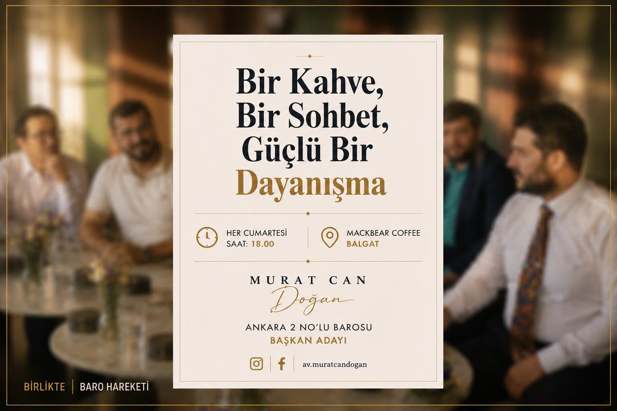 birliktebaro's tweet photo. Bir kahve, bir sohbet, güçlü bir dayanışma! ☕⚖️

Daha katılımcı bir baroyu birlikte inşa etmek ve mesleki sorunlarımızı konuşmak için her cumartesi bir aradayız. Fikirleriniz bizim için değerli!

🗓️ Cumartesi | 🕕 18.00 📍 Mackbear Coffee, Balgat https://t.co/LlyatrNumP