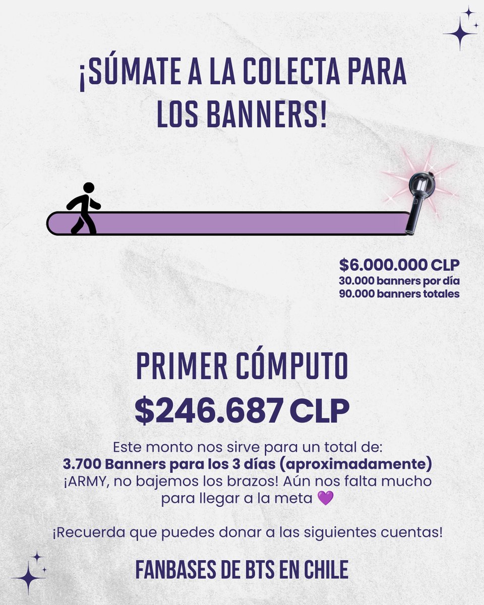 ConnectedBts's tweet photo. Este es un proyecto creado por ARMY, para ARMY, y cada aporte, sin importar el monto, nos acerca a convertir este sueño en realidad.

Cada banner que levantemos será una muestra del amor y la fuerza de ARMY Chile para recibir a BTS en el WORLD TOUR ARIRANG.

No bajemos los brazos. Dona, comparte y ayúdanos a llenar los conciertos de morado. Hagamos que BTS sienta todo el cariño que los espera en Chile.

Porque cuando ARMY se une, no hay meta imposible. 💜

#BannersParaBTS #BTSEnChile #WorldTourArirang #BTSChile #ArmyChile