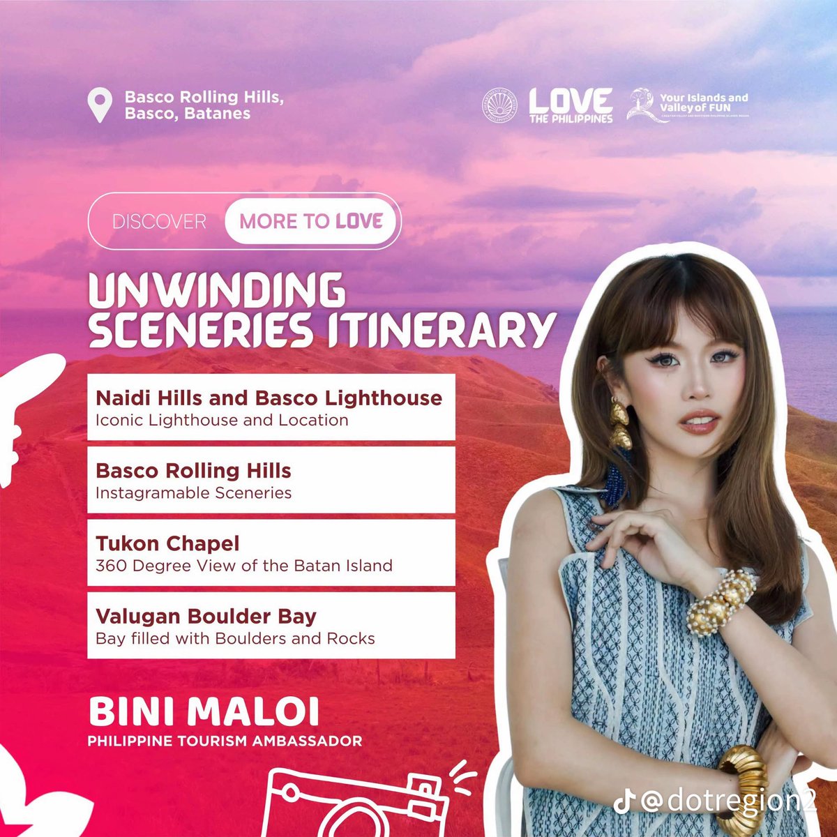 binicrave's tweet photo. “BATANES ANO? TARA?” The Official TikTok Account of Department of Tourism (@TourismPHL) Region 2 posted Philippine Tourism Ambassador from BINI (@BINI_ph) #BINI_Maloi, #BINI_Aiah and #BINI_Colet as they revealed that their ideal travel destination in the Philippines is Batanes. We couldn't help but design an itinerary based on the locations and activities they would undoubtedly enjoy. 

They shared some places to visit in Batanes such as: 

🗺️📍Naidi Hills and Basco Lighthouse
🗺️📍Basco Rolling Hills
🗺️📍Tukon Chapel
🗺️📍Valugan Boulder Bay
🗺️📍House of Dakay 
🗺️📍Honesty Coffee Shop
🗺️📍Racuh a Payaman 
🗺️📍Tayid Lighthouse
🗺️📍Chavayan Stone House Village
🗺️📍Ahaw and Morong Beach
🗺️📍Vunung Meal
🗺️📍National Museum — Batanes

🔗:(https://t.co/KzXZ3Kjbo7)

📸: DOT Region 2 Official Tiktok Account

#BINILoveThePhilippines #BINI